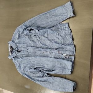 Blue Eddie Bauer button-up shirt with a plaid inside, size L